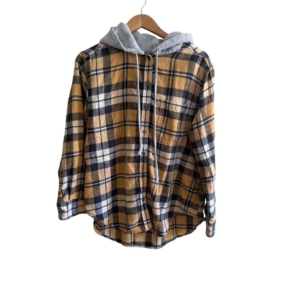 American Eagle Y2K Plaid Flannel Hoodie Shirt Mustard Black Gray Medium